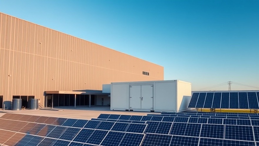 MHigh-angle architectural view of a modern sustainable commercial data center utilizing advanced containerized zinc battery energy storage systems and renewable infrastructure.