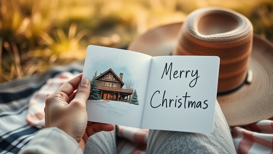 A person reading a 'Merry Christmas' card, promoting sustainable tourism in a serene setting.