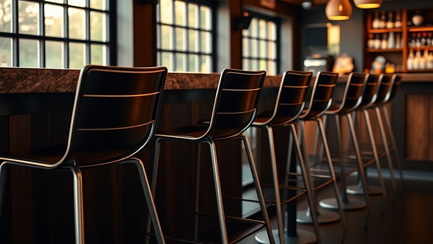 Sleek metal bar stools in a sustainable food service setting with natural light.