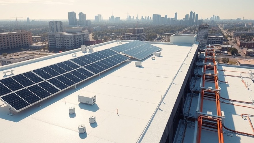 Commercial retail rooftop solar panel installation with TPO roof membrane and high-efficiency inverter equipment.