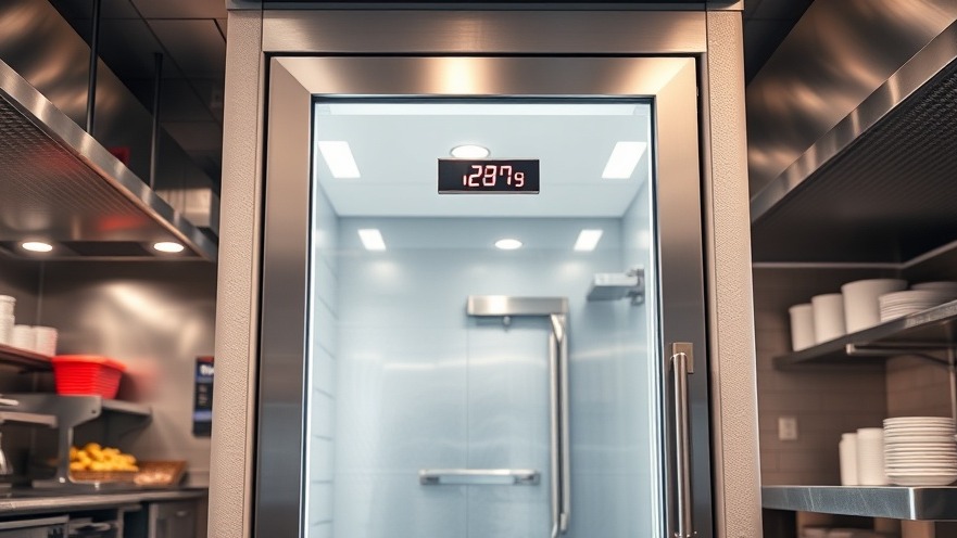 High performance commercial walk in cooler with digital LED thermometer display inside a clean restaurant kitchen.