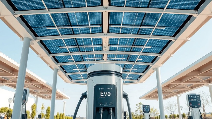 Commercial electric vehicle charging infrastructure station featuring liquid cooled high voltage cables beneath a solar canopy roof panel.