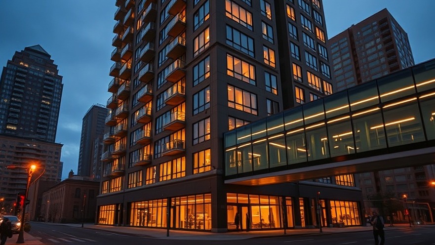 Modern 16-story residential high-rise building with warm interior lighting and an integrated downtown pedestrian skyway bridge.