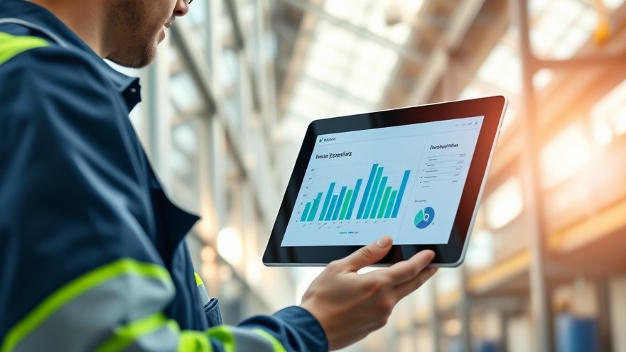 Engineer analyzing tenant improvement tracking data on a tablet in a modern corporate facility.