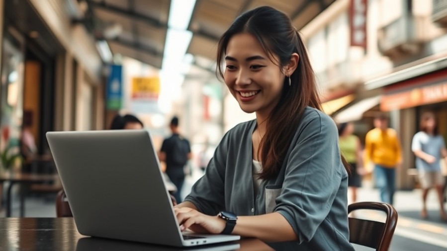 Young woman embracing sustainable living, working on laptop at an outdoor cafe in Asia.