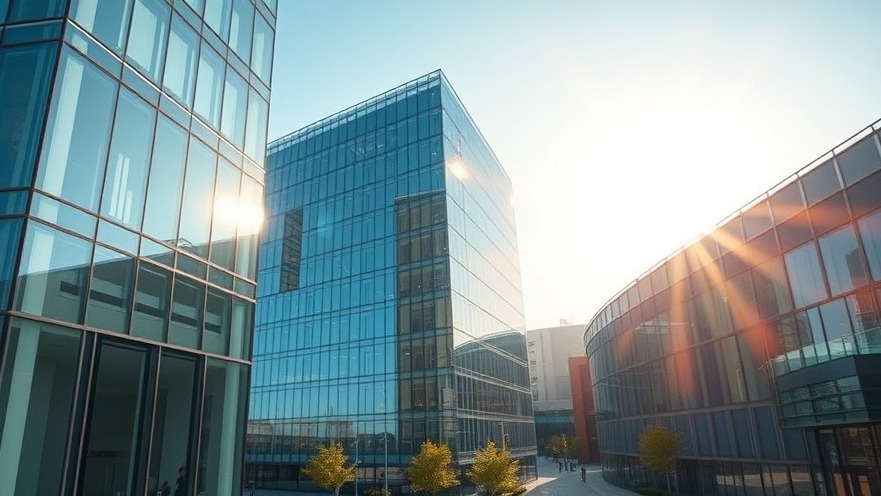 Modern sustainable commercial office building complex with reflective glass facade during daytime.