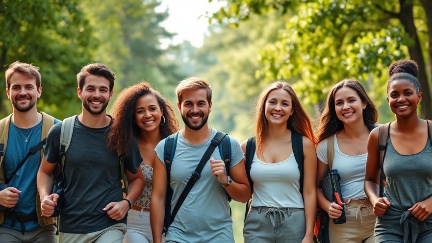 Diverse young adults in eco-friendly clothing enjoy a summer hike in a lush park.