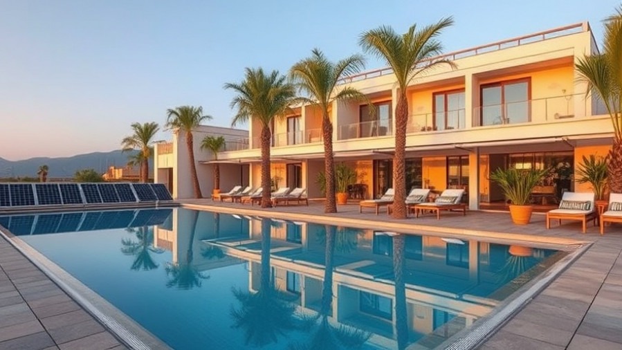 Boutique hotel with solar technology innovations, featuring solar panels and a heated pool.