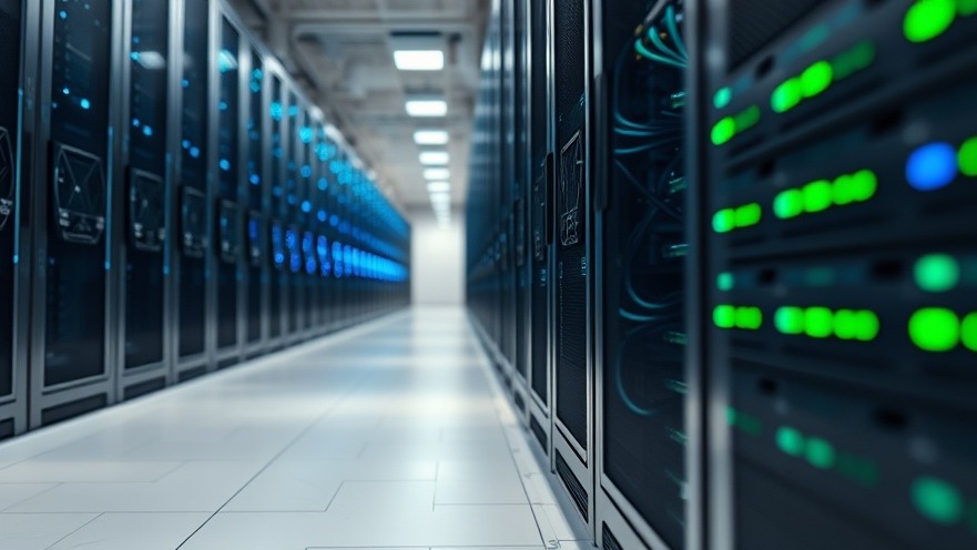 Close-up of a data center aisle showcasing vibrant LED lights and network port clarity in commercial real estate investment.