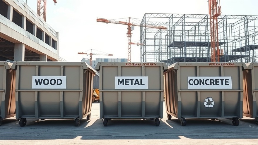 Organized commercial construction site featuring dedicated material recycling bins for sustainable waste sorting under a bright sky.