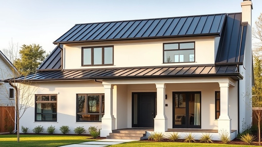 Modern home with a clean matte-black standing-seam metal gambrel roof under a clear morning sky.