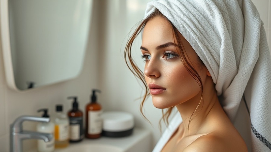 Serene woman in a bathroom with DIY sustainable hair care products, highlighting eco-friendly ingredients.