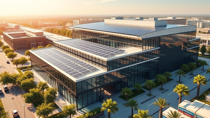 Sustainable modern commercial real estate building complex with rooftop solar power arrays during a clear sunny day.