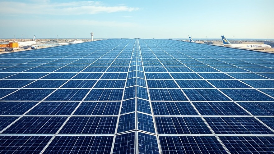A massive rooftop solar panel installation featuring thousands of photovoltaic modules on a modern commercial terminal building.