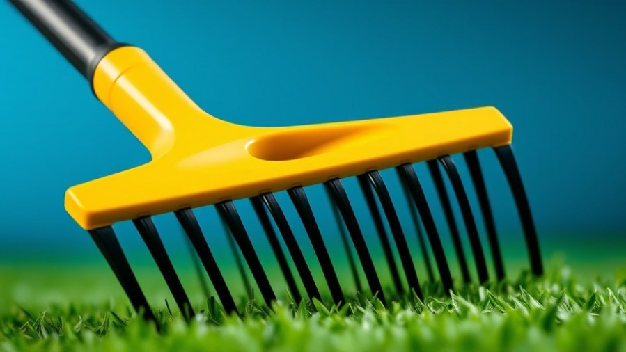 Eco-friendly gardening tools: sleek yellow and black lawn rake on a gradient blue-green background.