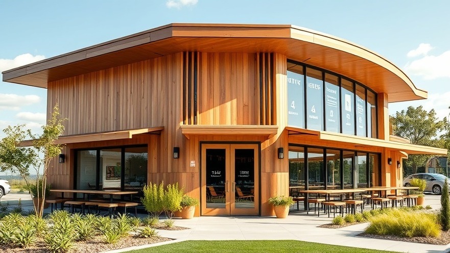 Modern eco friendly commercial restaurant building with sustainable architecture under a clear sunny sky.