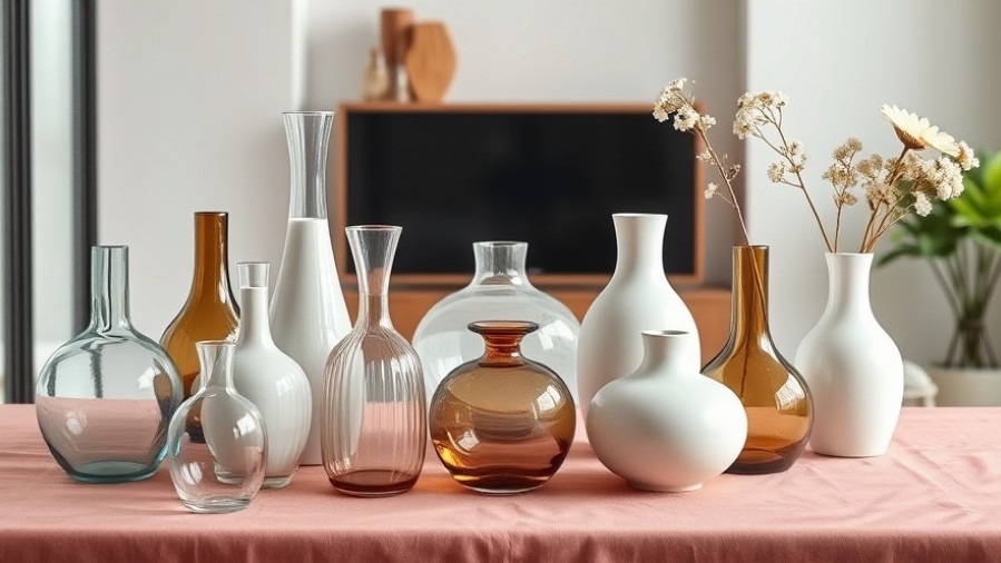 Stylish glass and ceramic vases on rose tablecloth, showcasing sustainable materials.