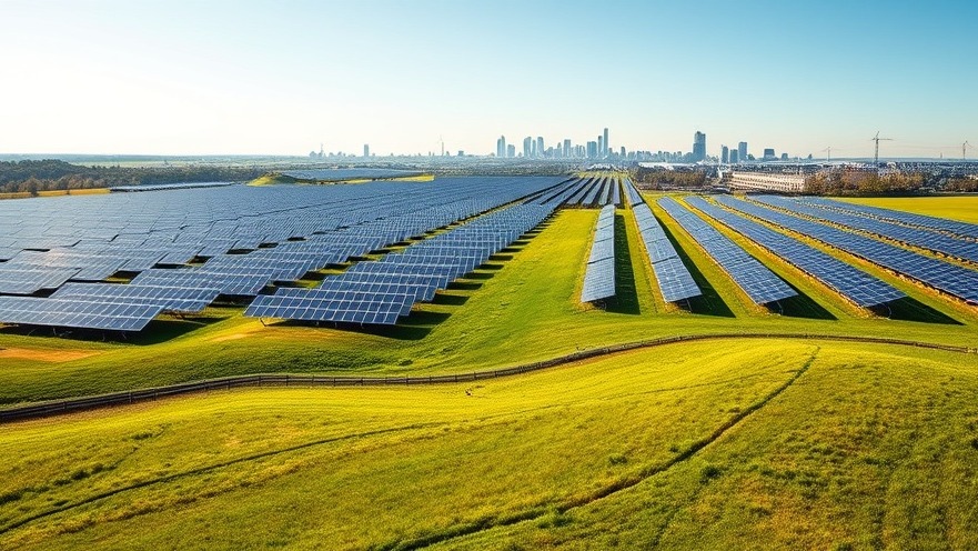 Photorealistic solar farm on a reclaimed brownfield, showcasing green public building facility upgrades.