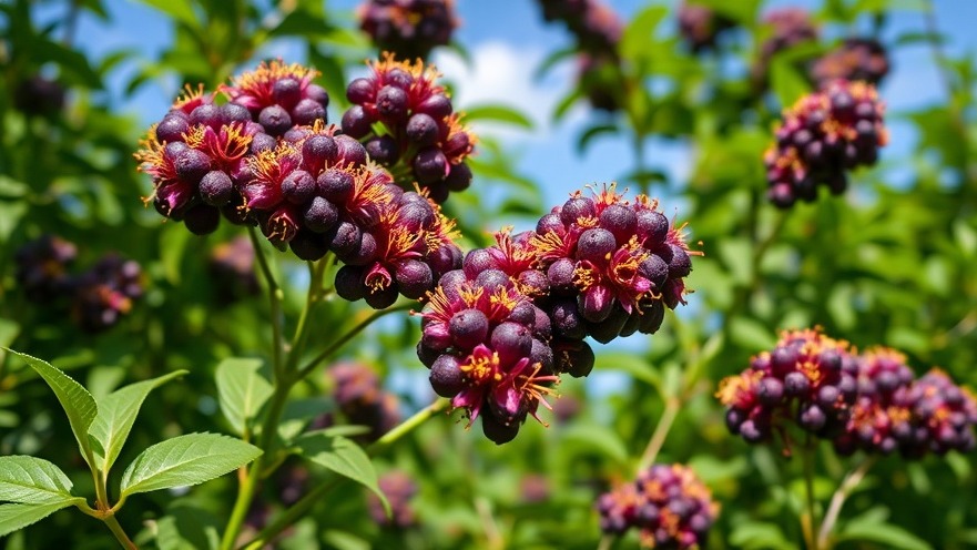 Vibrant elderberry flowers in lush eco-friendly gardening, bright blue sky above.
