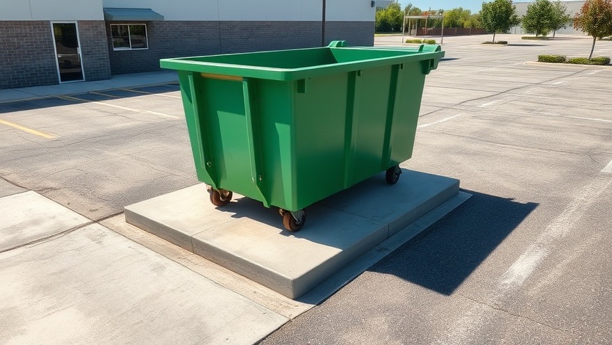 A sturdy concrete loading zone supporting a green commercial waste container to protect nearby asphalt from heavy truck wear-and-tear.