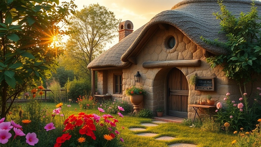 Charming cob house showcasing natural building materials, surrounded by vibrant wildflowers.