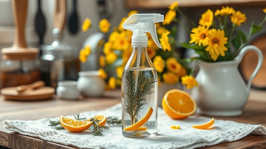 Charming glass spray bottle with natural disinfectants and homemade cleaning solutions.