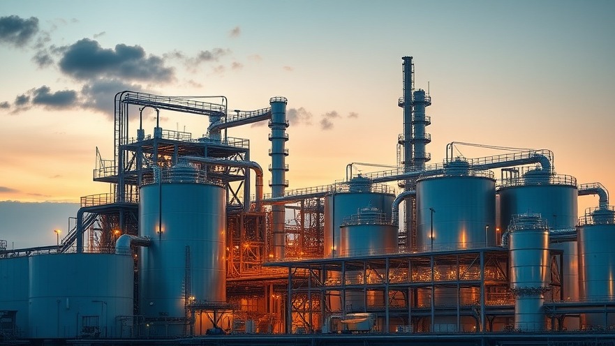 Modern industrial chemical processing facility with high-end safety infrastructure at sunset