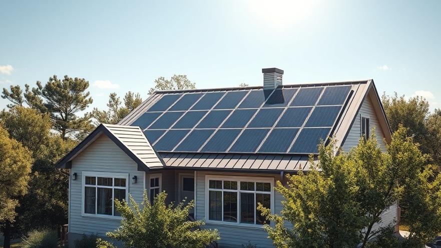 A modern sustainable home with dark solar panels on a metal roof, showcasing solar investment protection tips.