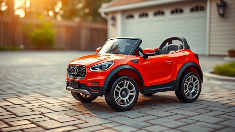 Photorealistic power wheels car promoting battery recycling and sustainable solutions.