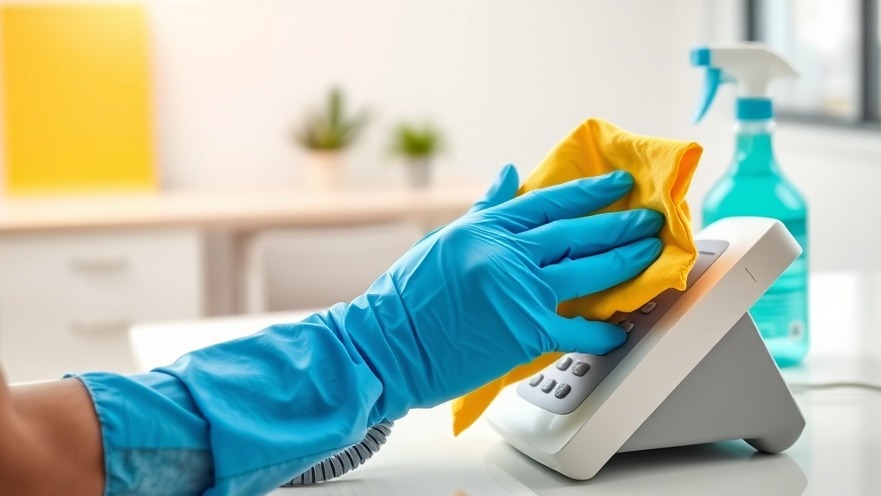 Person using sustainable cleaning products on a phone receiver in a modern office.
