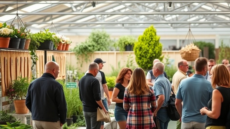 Warm interaction at a sustainable home design gardening booth with natural lighting.