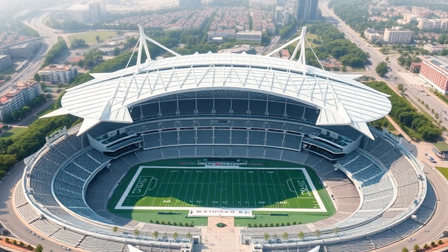 Photorealistic eco-friendly stadium with geometric roof, showcasing facilities maintenance automation.
