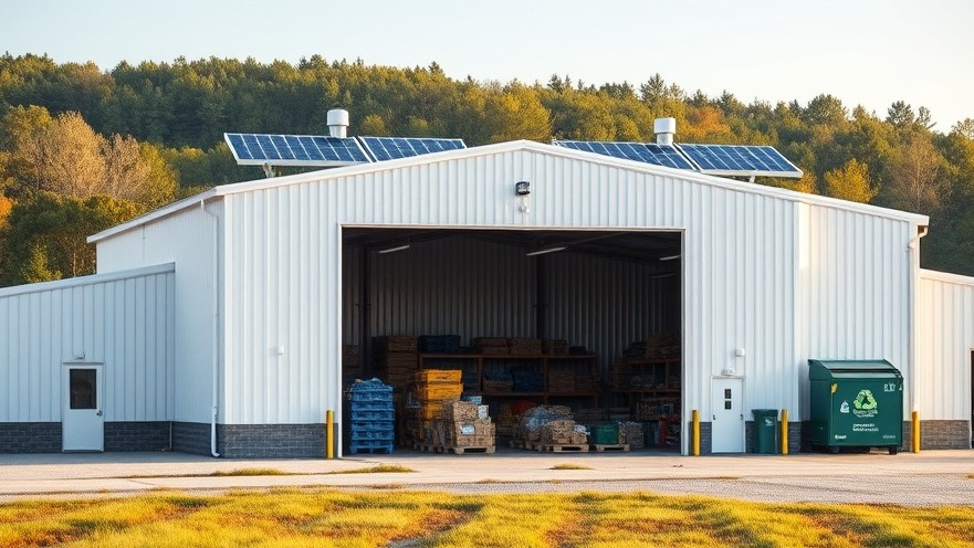 Modern regional recycling transfer station with solar panels and organized material collection bays under a clear blue sky.