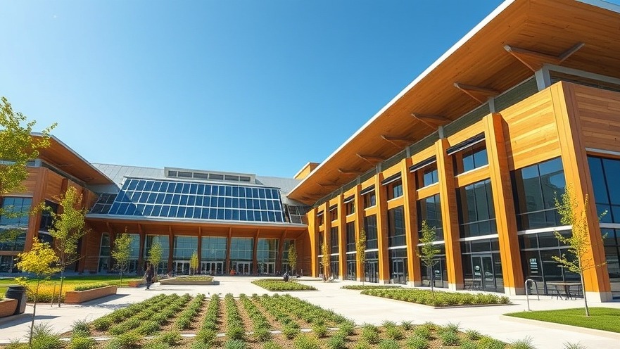 Modern sustainable convention center with VRF heat pumps and solar array.