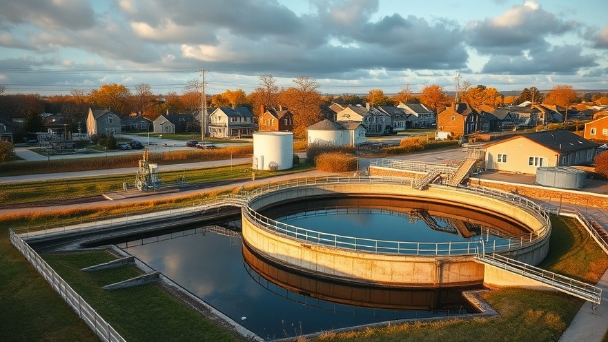 Photorealistic water treatment plant showcasing sustainable wastewater management practices.