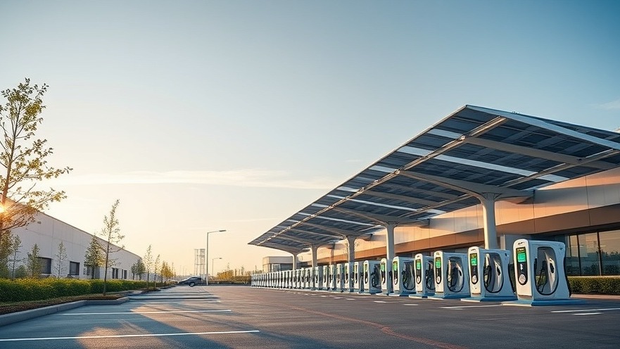 Modern commercial facility with sustainable electric vehicle fast charging infrastructure and clean solar canopy integration.