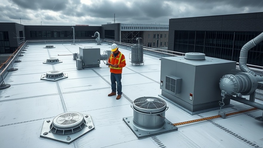 Commercial roofing inspector conducting a post-storm maintenance audit on a low-slope membrane roof deck
