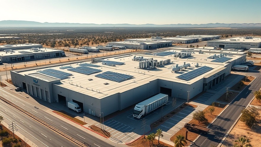 High-angle aerial view of a sustainable commercial enterprise logistics campus equipped with rooftop solar panels and fleet charging infrastructure.
