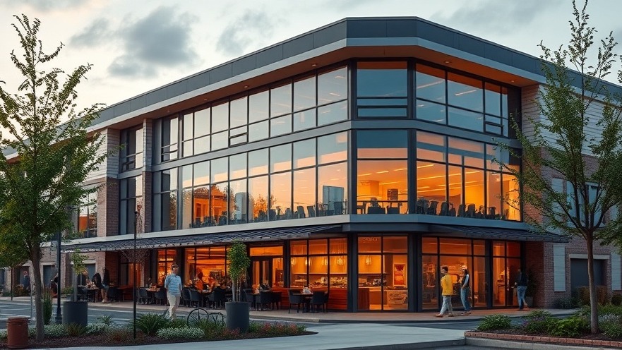 Ground floor commercial restaurant space with outdoor seating in a modern suburban mixed-use development at daybreak.