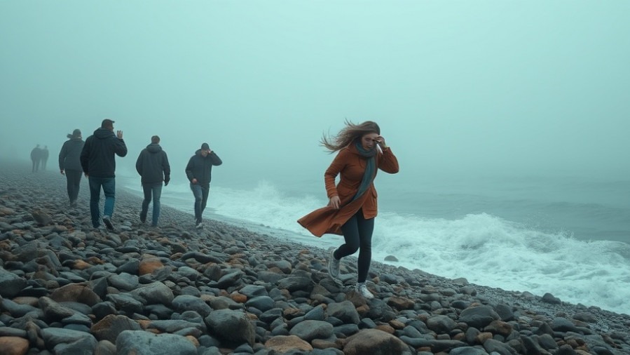 People battling the wind on a rocky beach in Wellington, New Zealand, showcasing green living.