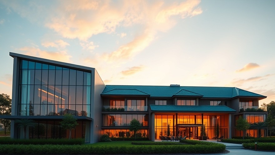 LA photorealistic wide-angle exterior view of a modern sustainable luxury resort property featuring eco-friendly architectural design at sunset.