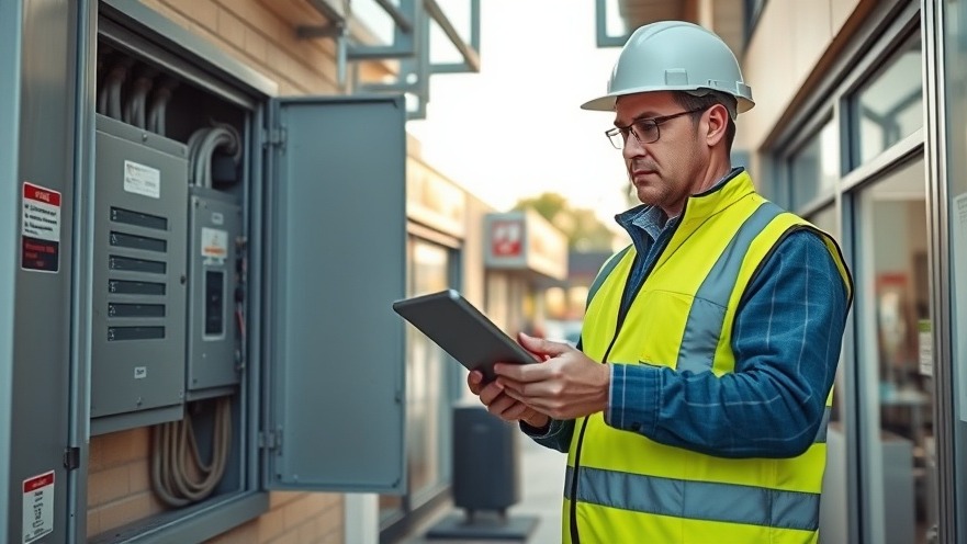 A professional building engineer tracking electrical maintenance data on a tablet outside a commercial convenience store facility.