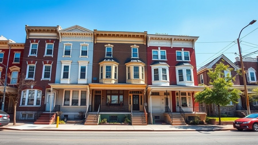 Photorealistic older row houses promoting sustainable living spaces on a sunny day.