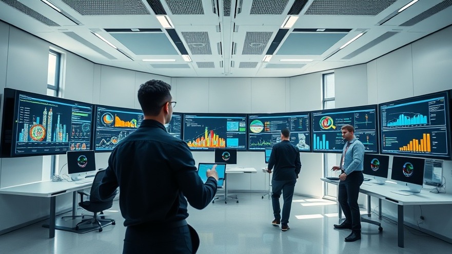 Commercial real estate asset managers reviewing energy efficiency software and predictive maintenance analytics inside a modern facility control room.