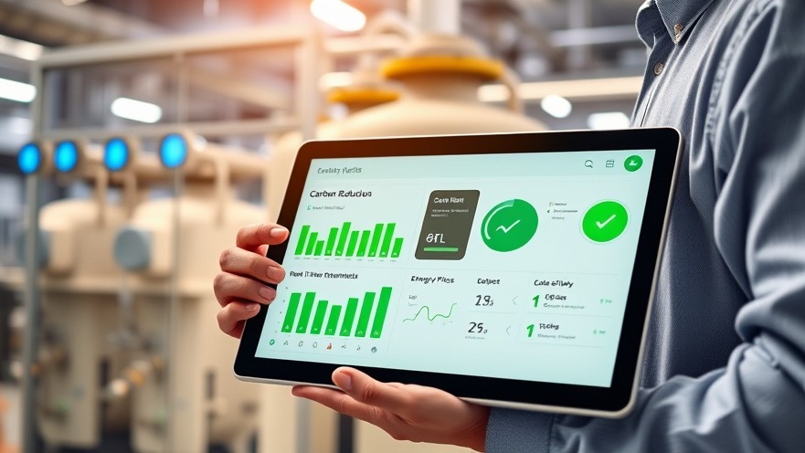 A corporate operations director uses a digital tablet dashboard to monitor real-time carbon reduction and energy efficiency metrics inside a modern industrial facility.