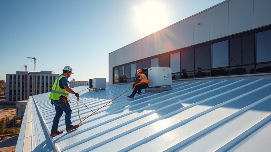 Construction crew installing an energy-efficient white reflective elastomeric roof membrane on a modern commercial office building to reduce localized thermal bridging.