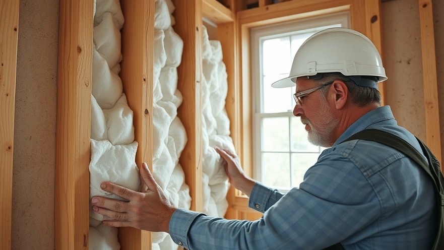 A contractor carefully installing eco-friendly insulation inside the exposed wall studs of a home remodel.