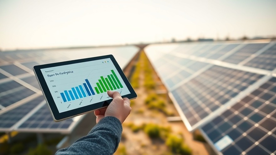 Engineer analyzing operations data dashboards on a tablet amidst solar panels.