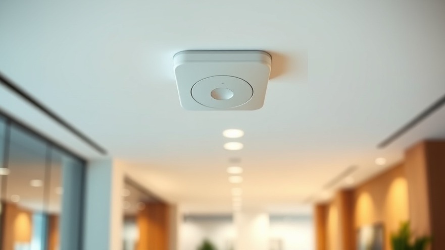 Compact wireless motion sensor enhancing home safety and remote monitoring in a modern office.