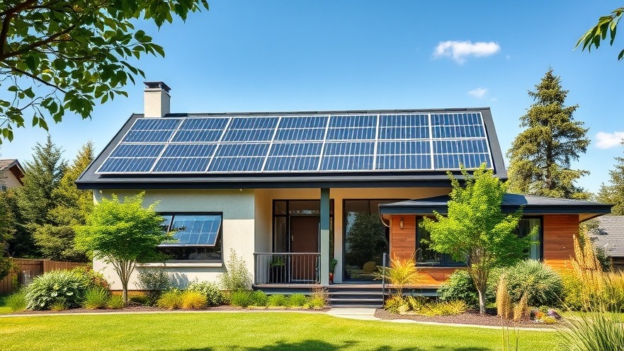 Modern energy-efficient home with solar panels promoting sustainable development in a lush environment.